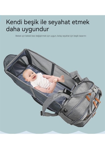 Mumya Çanta Yatak Katlanır Çok Fonksiyonlu Beşik Uzun Sürüm Anne ve Bebek Çanta Yatak Cibinlik Büyük Kapasiteli USB Şarj (Yurt Dışından)