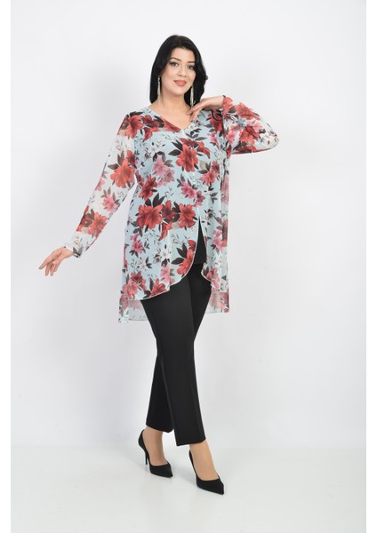 Büyük Beden Kırmızı Çiçek Desenli Şifon Bluz fiyatları