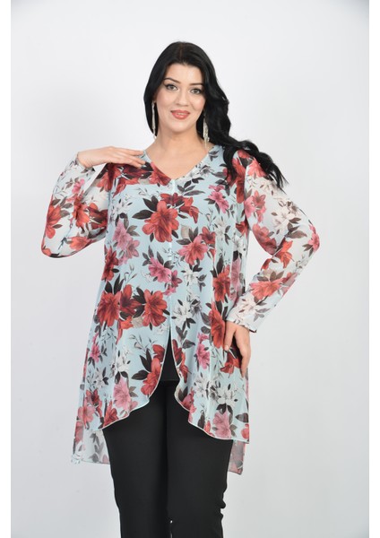 Büyük Beden Kırmızı Çiçek Desenli Şifon Bluz modelleri