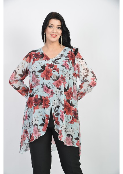 Büyük Beden Kırmızı Çiçek Desenli Şifon Bluz fırsatları