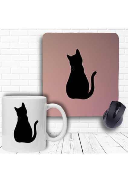 Siyah Kedi Baskılı Bilek Destekli Mouse Pad ve Kupa Bardak