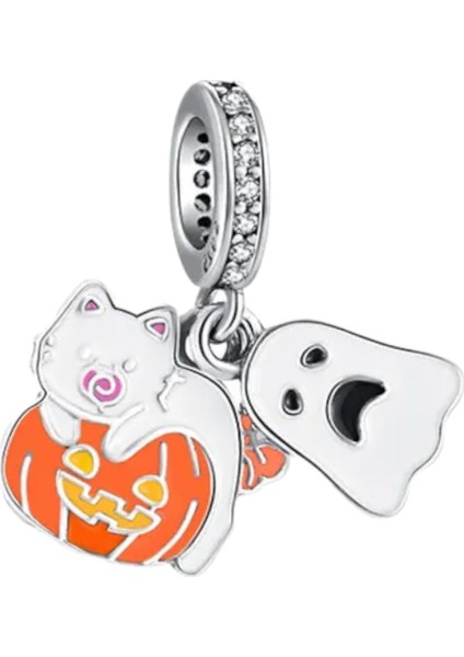 Hayalet,Balkabağı ve Kedi Cadılar Bayramı (Halloween) Charm | 925 Ayar Gümüş
