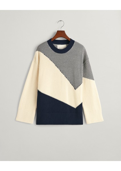 Kadın Lacivert Relaxed Fit Bisiklet Yaka Desenli Kazak 4804157.433