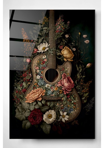 Çiçekli Gitar Cam Tablo, Dekoratif Cam Tablo