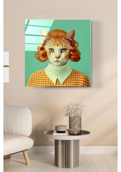 70'ler Kedi Portre Cam Tablo, Dekoratif Cam Tablo