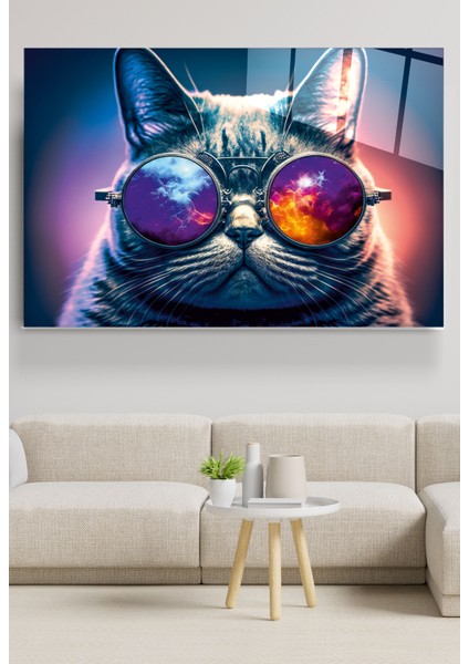 Gözlüklü Kedi Cam Tablo, Dekoratif Cam Tablo