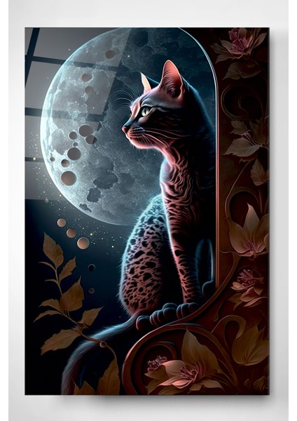 Dolunay ve Kedi Cam Tablo, Dekoratif Cam Tablo