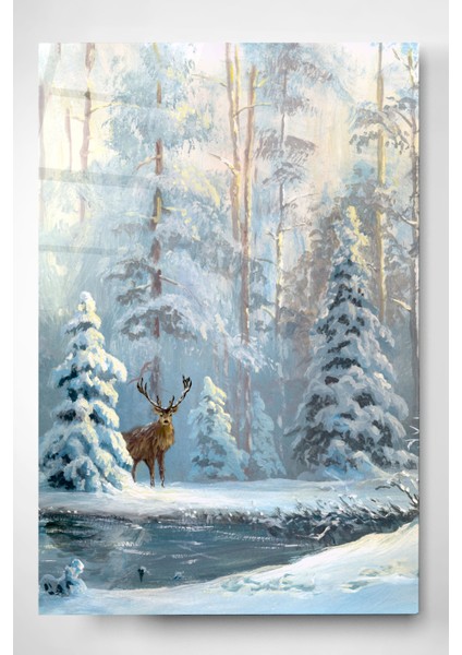 Kar Manzaralı Geyik Cam Tablo, Dekoratif Cam Tablo