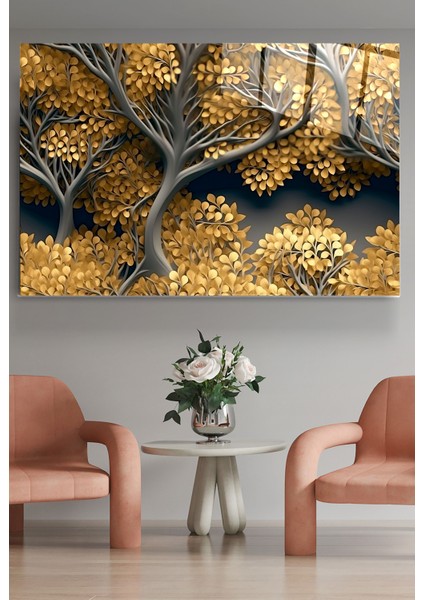 Sarı Yapraklı Ağaç Cam Tablo, Dekoratif Cam Tablo