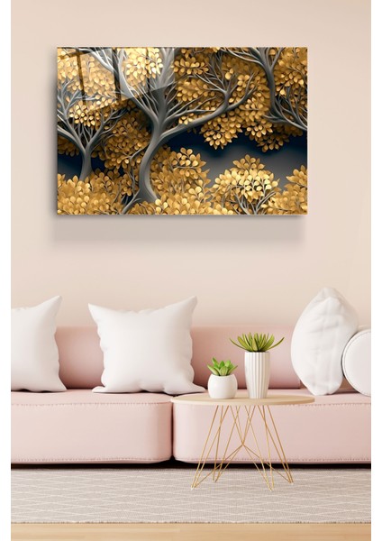 Sarı Yapraklı Ağaç Cam Tablo, Dekoratif Cam Tablo fırsatları