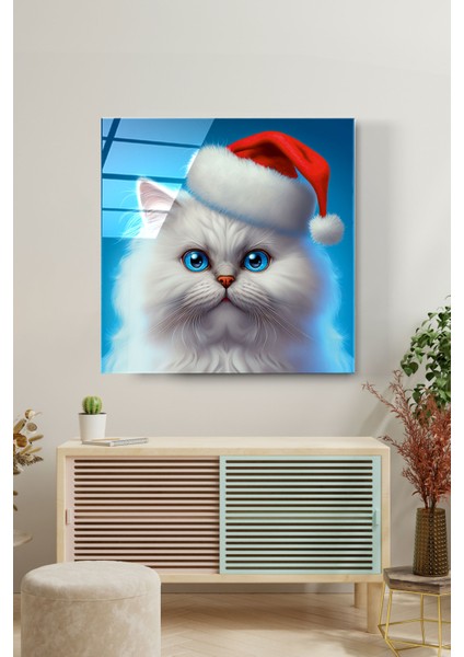 Noel Şapkalı Kedi Cam Tablo, Dekoratif Cam Tablo
