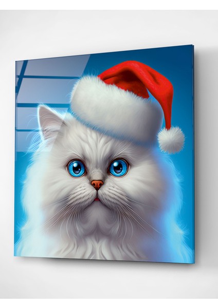 Noel Şapkalı Kedi Cam Tablo, Dekoratif Cam Tablo fırsatları