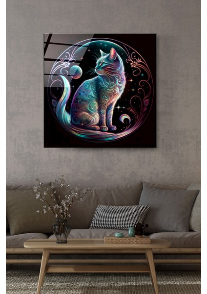 Neon Kedi Cam Tablo, Dekoratif Cam Tablo