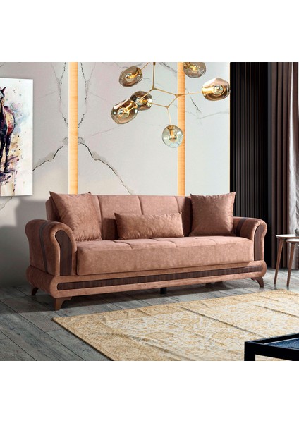 Sahra Çekyatlı Açık Kahve Üçlü Kanepe Çekyat