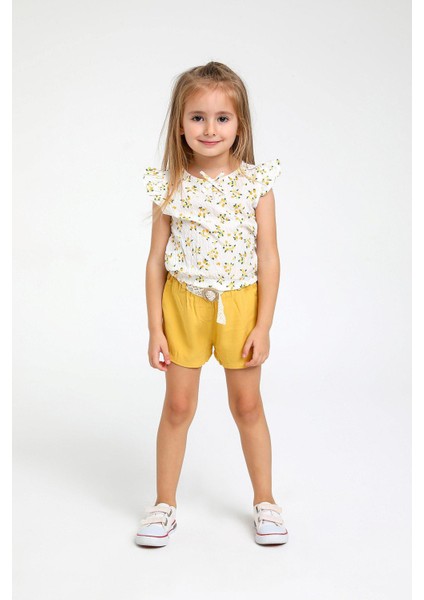9 Ay-5 Yaş Kız Çocuk Çiçek Desenli Şort Takım Sarı