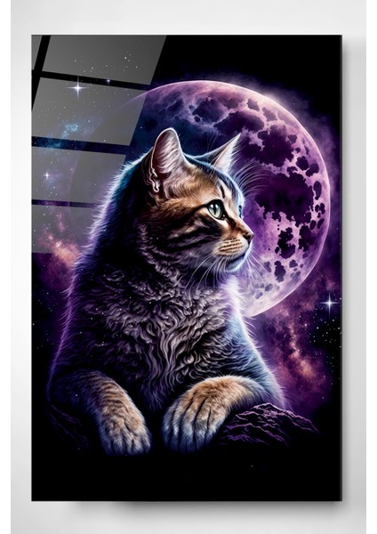 Kedi ve Dolunay Cam Tablo, Dekoratif Cam Tablo