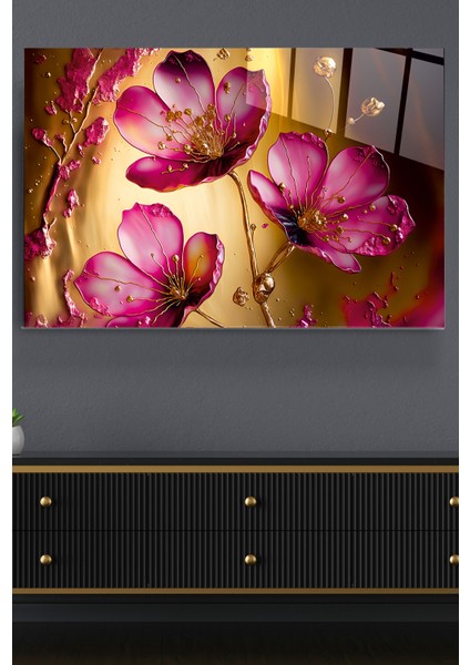 Pink Flowers Cam Tablo, Dekoratif Cam Tablo