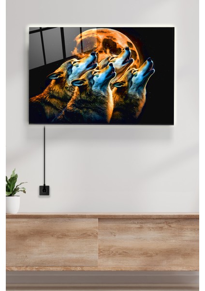 LED Aydınlatmalı Dolunay ve Kurtlar Cam Tablo, Işıklı Cam Tablo