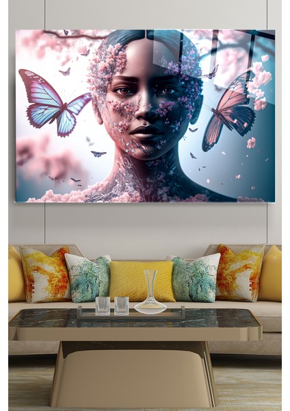 Kadın ve Kelebek Cam Tablo, Dekoratif Cam Tablo
