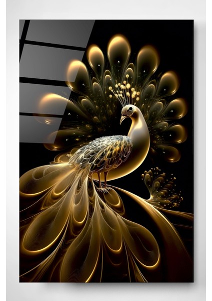 Gold Tavus Kuşu Cam Tablo, Dekoratif Cam Tablo