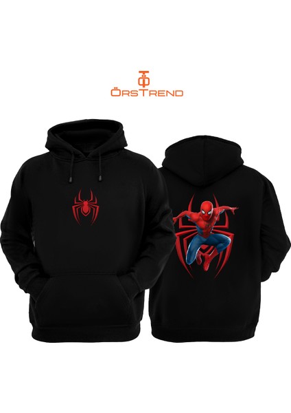 Spiderman Baskılı 3 Iplik Unisex Siyah Kapişonlu Sweatshirt