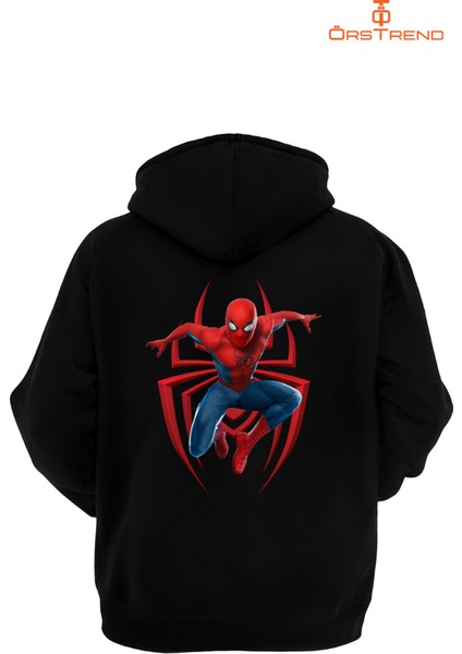 Spiderman Baskılı 3 Iplik Unisex Siyah Kapişonlu Sweatshirt