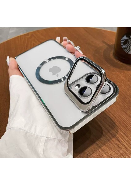 iPhone 15 Pro Max Kılıf Standlı Kamera Koruma Çerçeveli Magsafe Şarj Arkası Sararmaz Sert Şeffaf