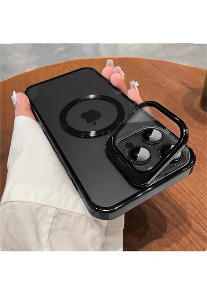 iPhone 15 Pro Max Kılıf Standlı Kamera Koruma Çerçeveli Magsafe Şarj Arkası Sararmaz Sert Şeffaf