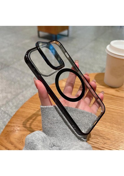 iPhone 15 Pro Max Kılıf Standlı Kamera Koruma Çerçeveli Magsafe Şarj Arkası Sararmaz Sert Şeffaf