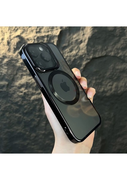 iPhone 15 Pro Max Kılıf Standlı Kamera Koruma Çerçeveli Magsafe Şarj Arkası Sararmaz Sert Şeffaf