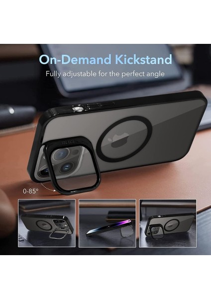 iPhone 15 Pro Max Kılıf Standlı Kamera Koruma Çerçeveli Magsafe Şarj Arkası Sararmaz Sert Şeffaf