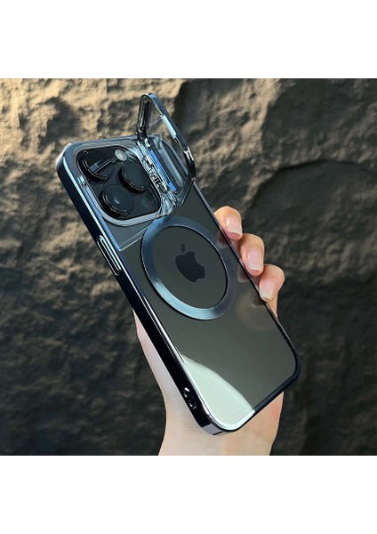 iPhone 15 Pro Uyumlu Kılıf Standlı Kamera Koruma Çerçeveli Magsafe Şarj Arkası Sararmaz Sert Şeffaf