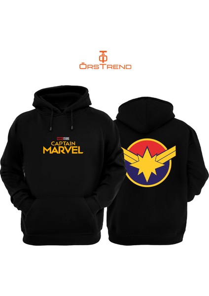 Captain Marvel Baskılı 3 Iplik Unisex Siyah Kapişonlu Sweatshirt