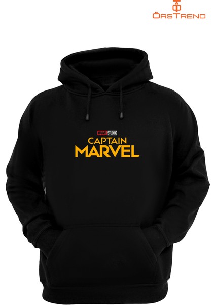 Captain Marvel Baskılı 3 Iplik Unisex Siyah Kapişonlu Sweatshirt