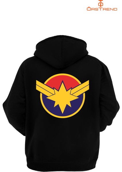 Captain Marvel Baskılı 3 Iplik Unisex Siyah Kapişonlu Sweatshirt