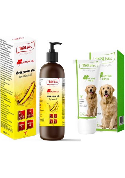 Köpekler Için Somon Yağı 200 ml + Biotin 100 gr Tüy Sağlığı Paketi