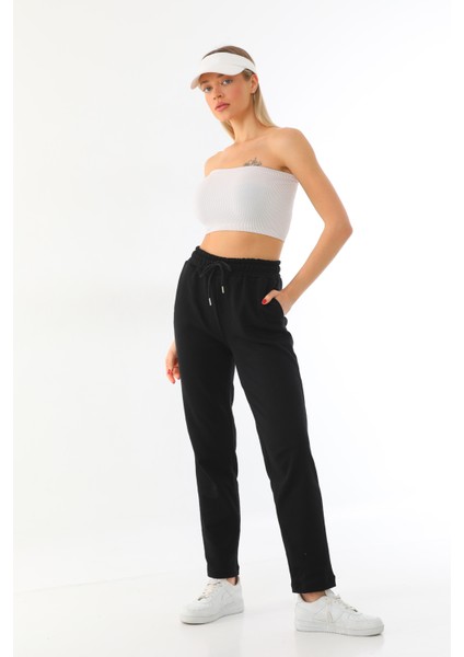 Siyah Mevsimlik Düz Paça Yüksek Bel Klasik Straight Kadın Eşofman Altı fırsatları