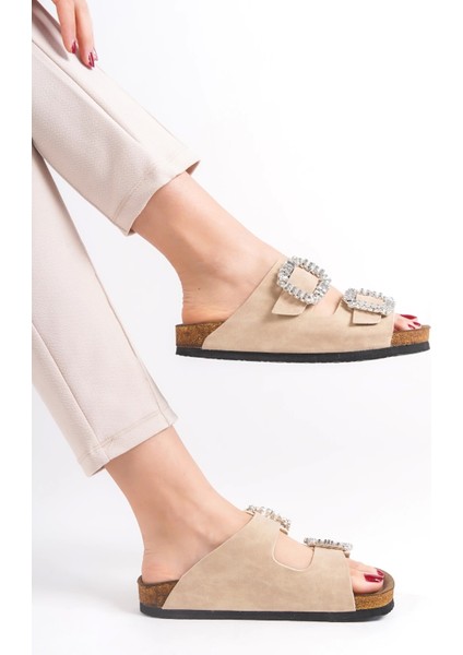 Ilyada Taşlı Çift Toka Kadın Krem Terlik modelleri