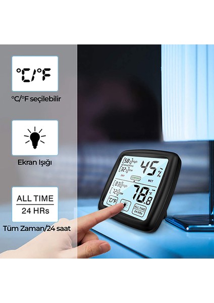 Tst Dokunmatik Sıcaklık ve Nem Ölçer, Oda, Ofis Termometresi