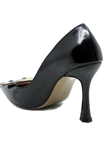 Siyah Vegan Deri Taşlı Stiletto - Lucıana