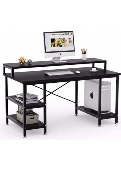 Tasarım 95X60X140CM Siyah Ev Ofis Bilgisayar Metal Raflı Çalışma Masası