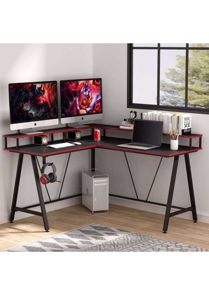 Tasarım L Model Monitör Raflı Oyuncu ve Çalışma Masası