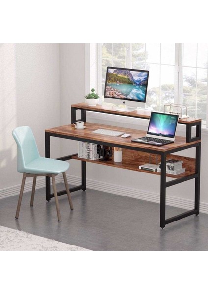 Modern Monitör Raflı ve Kitaplıklı Çalışma Masası