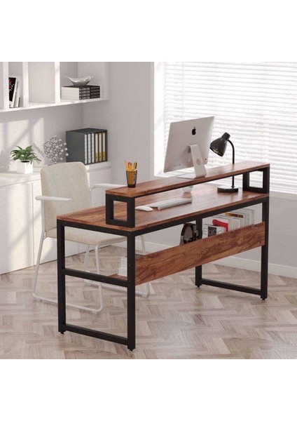 Modern Monitör Raflı ve Kitaplıklı Çalışma Masası