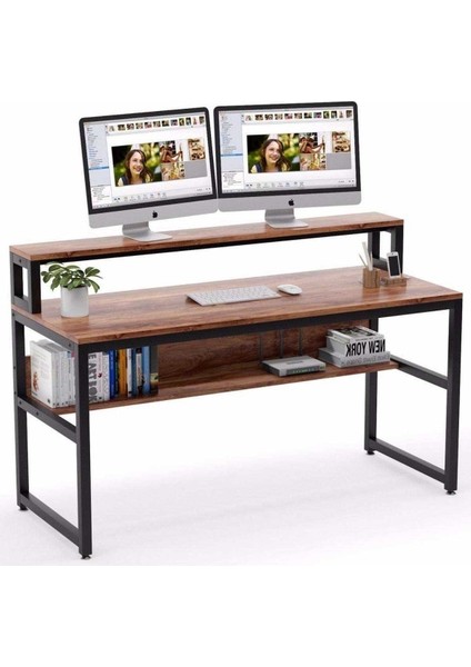Modern Monitör Raflı ve Kitaplıklı Çalışma Masası