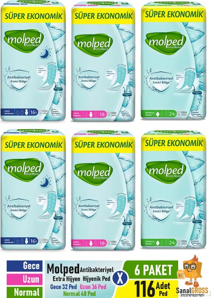 Extra Hijyenik Ped Gece + Uzun + Normal x 6 Paket