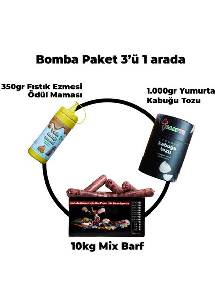 Bomba Paketi 10 kg Mix Barf Köpek Maması, 350 gr Fıstık Ezmesi Ödül MAMASI,1000 gr Yumurta Kabuğu Tozu./3'ü Bir Arada