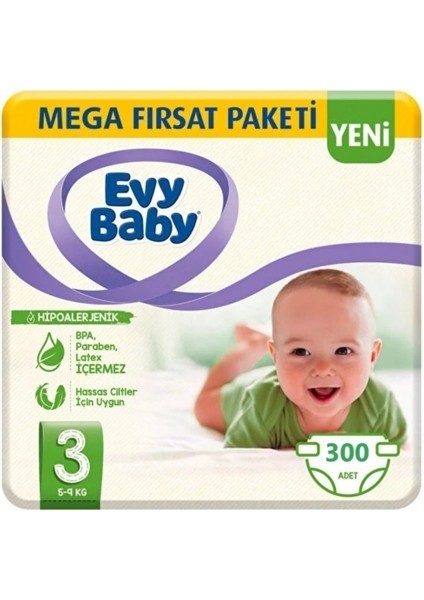 Evy Baby 3 Beden Midi Mega Fırsat Paketi 300 Lü Bebek Bezi