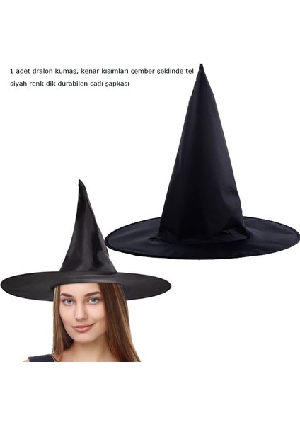 Halloween Siyah Renk Dralon Kumaş Cadı Şapkası Yetişkin 1 Adet