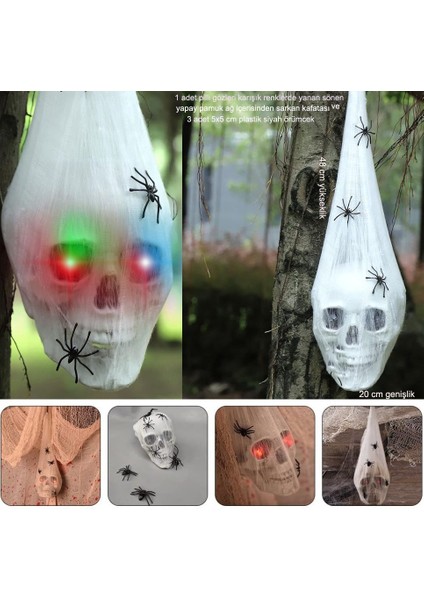 Halloween 48X20 cm Üzeri Ağlı Asılı Işıklı Kafatası Dekor Korku Süsü 1 Adet
